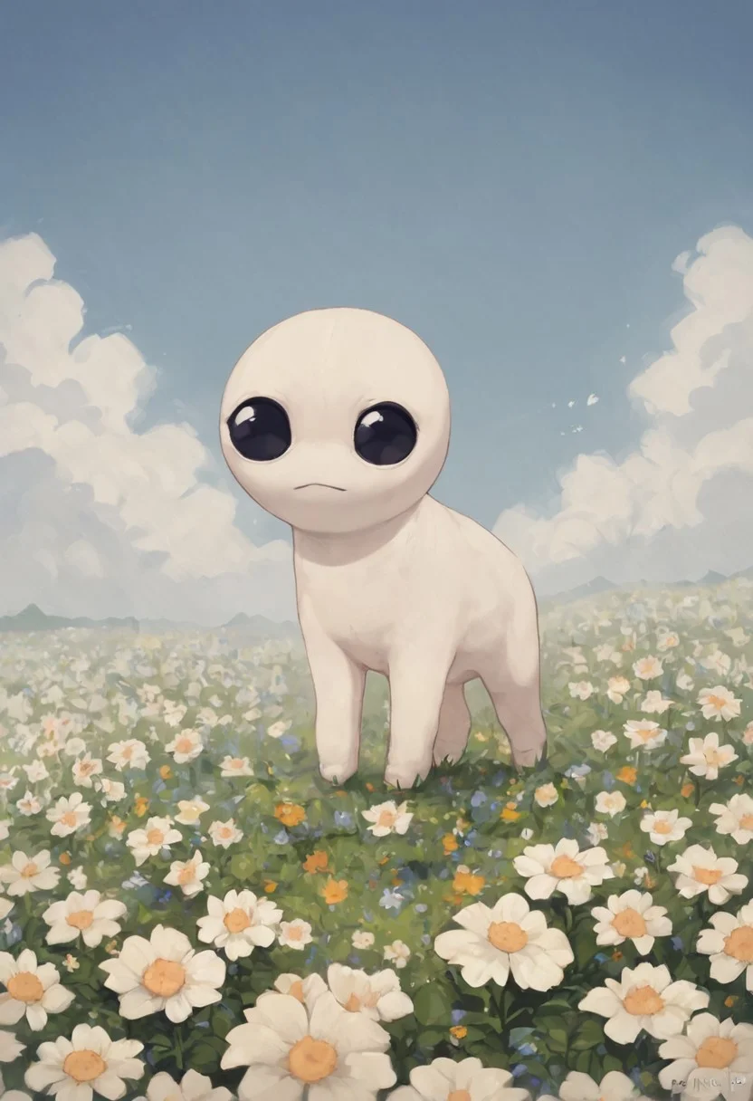 score_8_up, white creature, black eyes, four leg, in nature, flowers, tbhcreature, solo, sky