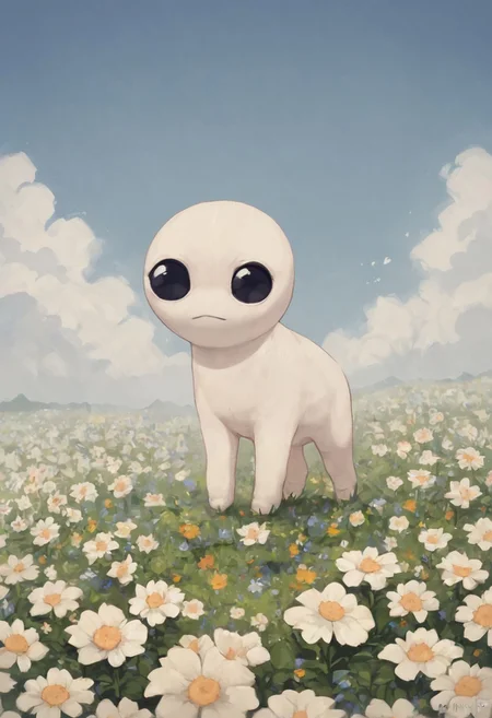 score_8_up, white creature, black eyes, four leg, in nature, flowers, tbhcreature, solo, sky