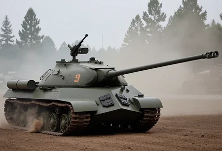 <lora:is3:0.9>is3,Realistic depiction of the battlefield, Masterpiece, Top quality, Harsh battle atmosphere (1.4), Dust (1.1), Smog, Exquisite weapons (1.0), Atmospheric lighting (1.1), Cinematic composition (1.2), Historical accuracy (1.4),
This is the Soviet heavy tank, IS3. The vehicle length is 6.67 m, the overall width is 3.2 m, and the overall height is 2.45 m.from front.Turret mounted machine gun.Spare tracks on the front of the vehicle.no humans.Rotating turret.Russian green body color.