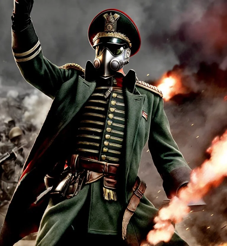 commissar, a man on the battlefield, shouts, ((art)), gas mask on the face <hypernet:Commissar:1>