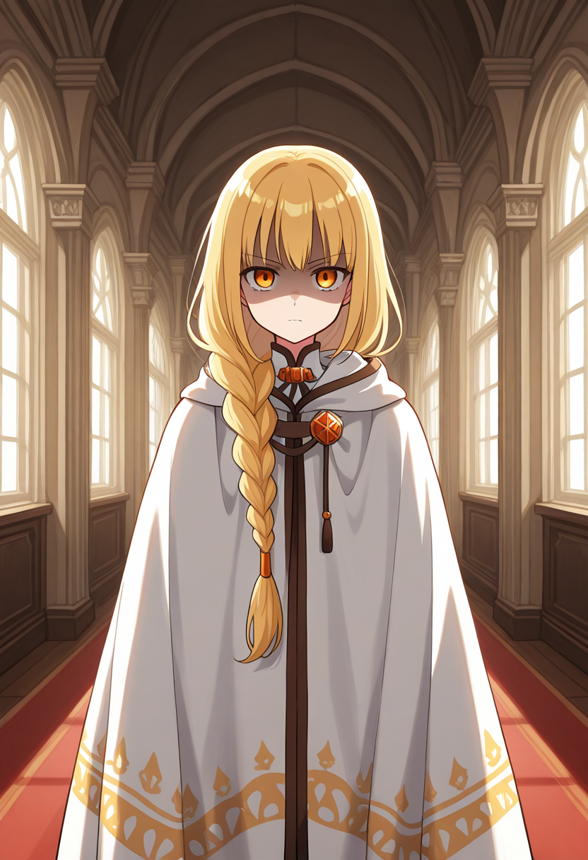 1girl, solo, saruvatorenoren, blonde hair, low-tied long hair, single braid, orange eyes, white cloak, print cloak, closed cloak, indoors, mansion, cowboy shot, shaded face, serious, straight on, looking at viewer,