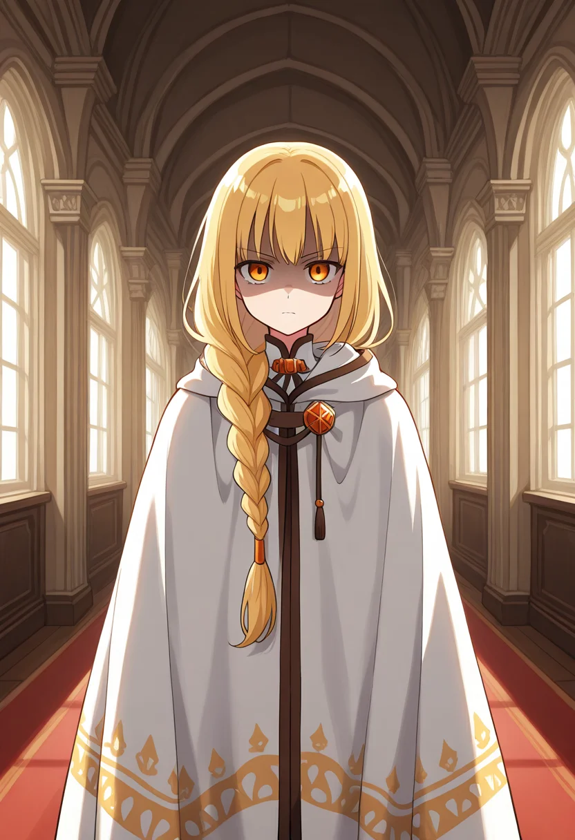 1girl, solo, saruvatorenoren, blonde hair, low-tied long hair, single braid, orange eyes, white cloak, print cloak, closed cloak, indoors, mansion, cowboy shot, shaded face, serious, straight on, looking at viewer,