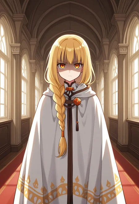 1girl, solo, saruvatorenoren, blonde hair, low-tied long hair, single braid, orange eyes, white cloak, print cloak, closed cloak, indoors, mansion, cowboy shot, shaded face, serious, straight on, looking at viewer,