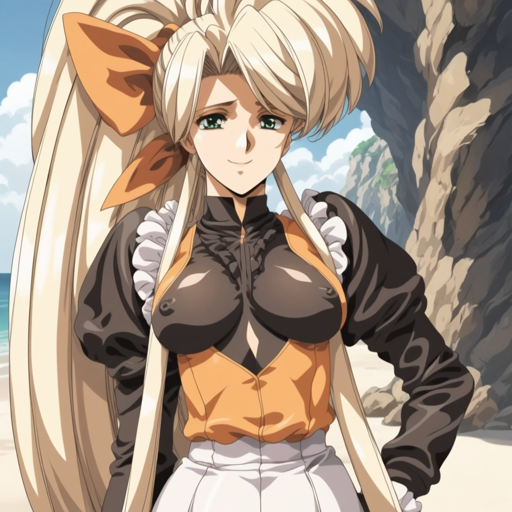 fr0nt1nn0c3ntStyl3, Style: Front Innocent, Artist Style: Urushihara Satoshi, 1girl, masterpiece, highres, high quality, fantasy, score_9, score_8_up, score_7_up, score_6, source_anime, rating_lewd, cowboy shot, mature female, Faye_(Front_Innocent), BREAK, beach, (covered nipples), seductive smile, smile BREAK, , BREAK, Faye, blonde hair,very long hair,high ponytail,very long sidelocks,hair bow,green eyes, dress,black shirt,orange vest,long_sleeves, white skirt,frills, black pantyhose, short boots,