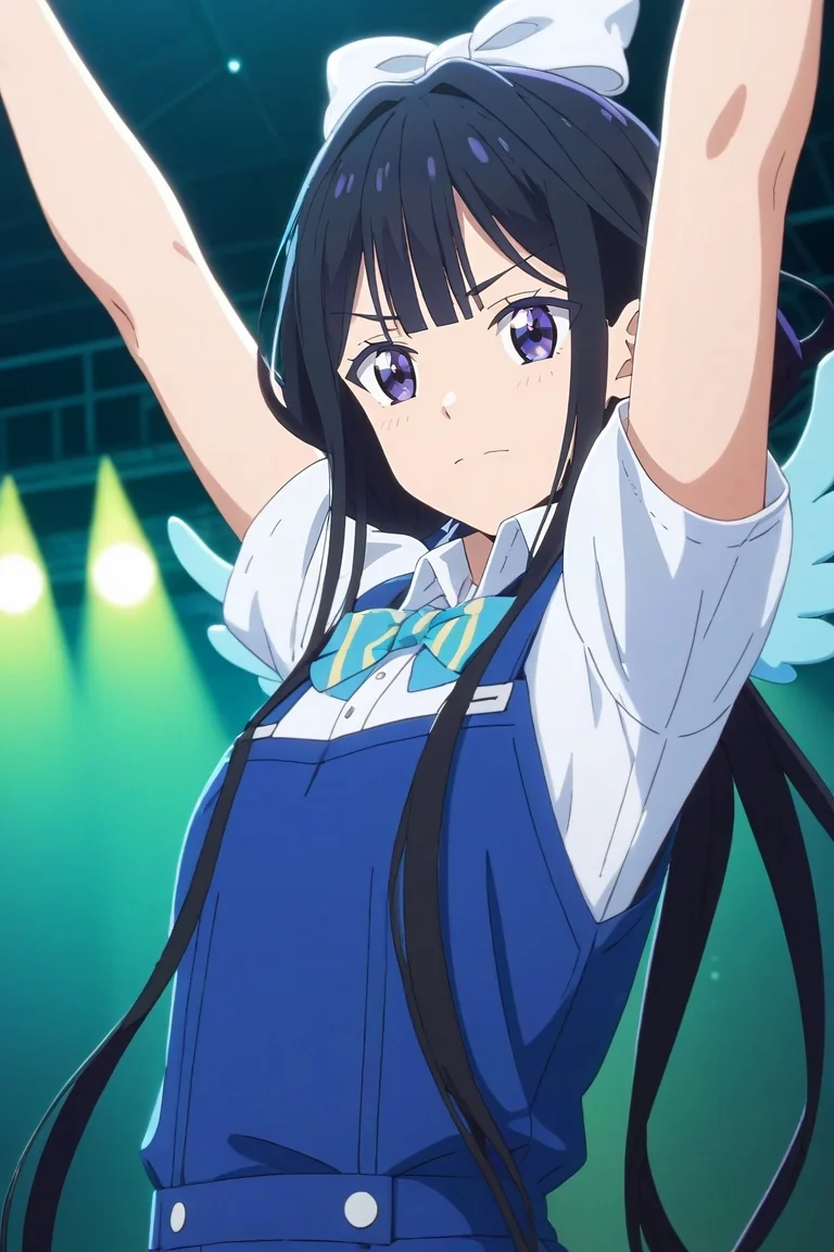 score_9, score_8_up, score_7_up, source_anime, rating_safe, intricate details, (3d:0.4), , , 1girl, solo, <lora:aki_adagaki_pony:1>, aki_adagaki, black hair, purple eyes, long hair, bangs, twintails, low twintails, bow, rule of thirds, concert, stage, stage lights, idol, indoors, stretching, wavy mouth, pinafore sress, white bow, hair bow, mini wings, <lora:sdxl_lightning_8step_lora:1>