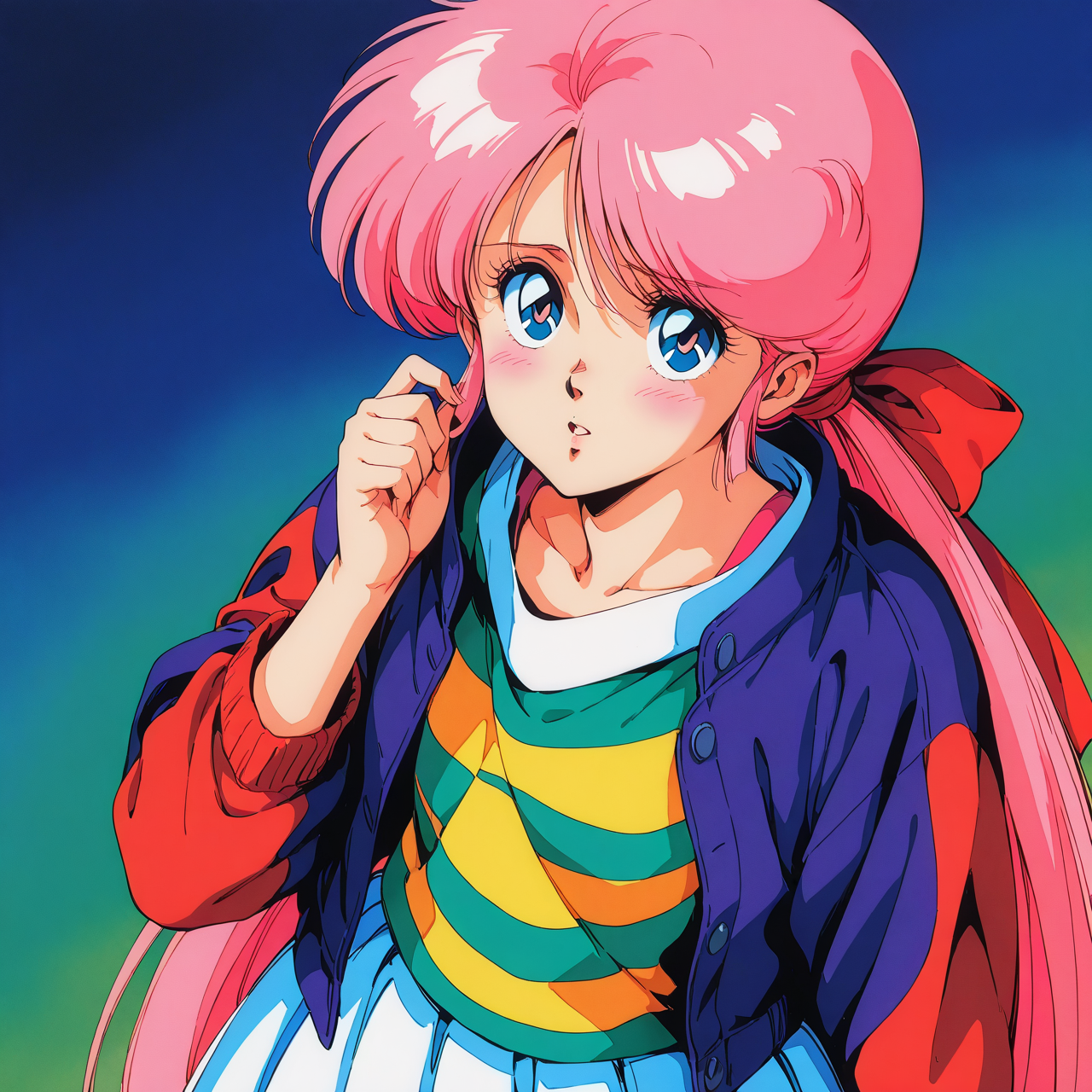 [generated by waiNSFW_v120:100]
anime coloring,  4K, BREAK
<lora:elaine-IL_v1:1>elaine, 1girl, bangs, solo, pink hair, ponytails, 1980s(style), blue eyes, long hair, very long hair, retro art style, gradient hair, BREAK
shirt, BREAK
striped shirts, BREAK
jacket, BREAK
skirts, BREAK
dress, BREAK
hair ribbon, BREAK
blush:1.3,
looking up, looking at viewer,BREAK
standing,
beatuiful face, best quality,
<lora:toro_ahe_pony:0.5>
no background,
beautiful face, best quality,