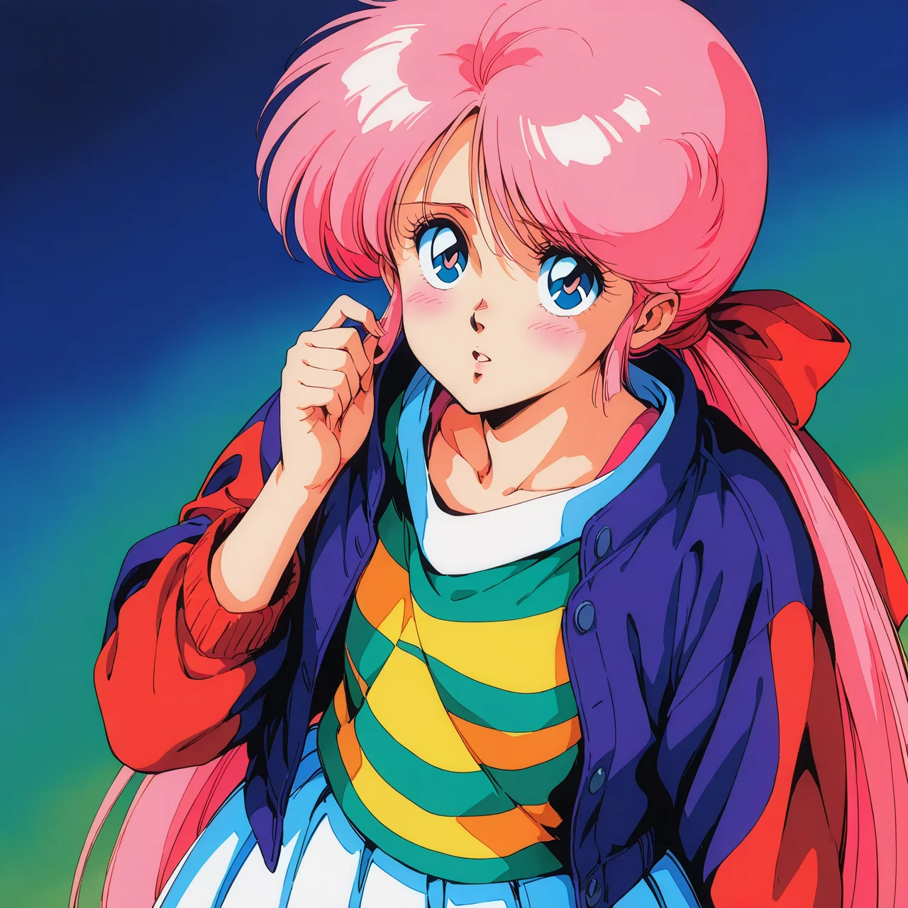 [generated by waiNSFW_v120:100]
anime coloring,  4K, BREAK
<lora:elaine-IL_v1:1>elaine, 1girl, bangs, solo, pink hair, ponytails, 1980s(style), blue eyes, long hair, very long hair, retro art style, gradient hair, BREAK
shirt, BREAK
striped shirts, BREAK
jacket, BREAK
skirts, BREAK
dress, BREAK
hair ribbon, BREAK
blush:1.3,
looking up, looking at viewer,BREAK
standing,
beatuiful face, best quality,
<lora:toro_ahe_pony:0.5>
no background,
beautiful face, best quality,
