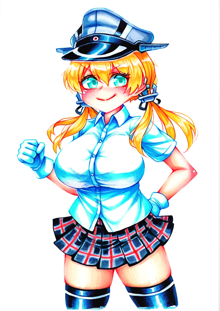 <lora:SEVATSU:1>,1girl, prinz eugen (kancolle), huge breasts, >:), aqua eyes, black skirt, black thighhighs, blonde hair, closed mouth, collared shirt, cropped legs, feet out of frame, gloves, grey headwear, hair between eyes, hat, long hair, low twintails, peaked cap, plaid, plaid skirt, pleated skirt, shirt, skirt, smile, solo, thighhighs, twintails, v-shaped eyebrows, white gloves, white shirt,