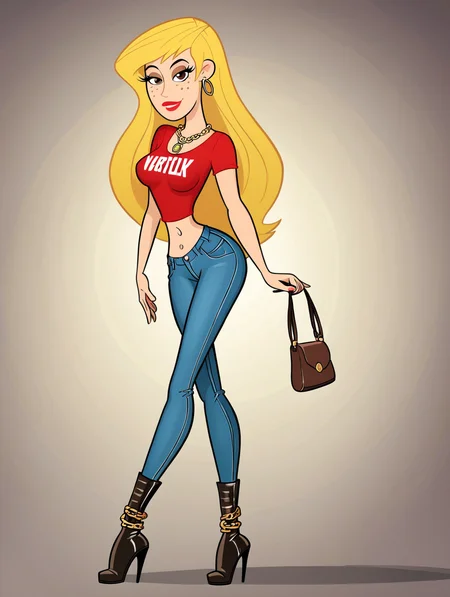 score_9, score_8_up, score_7_up, (toon \(style\):1),(flat colors:1),facing viewer,ultra high quality,ultra high resolution,ultra , seductive,(extremely detailed), detailed background,,(masterpiece, best quality, high quality, highres, ultra-detailed),full body,inside, bedroom in background, spotlight effects.,close up, cowboy shot,   dutch angle ,perfect eyes,perfect face,,narrow waist,perfect breasts,perfect eyes,perfect face,eager expression,earrings,facing viewer, 
<lora:Veronica_Stoppable:0.9> veronica stoppable, toon (style), flat color, freckles, narrow waist,  brown eyes, long hair,  long eyelashes,  long hair, brown eyes, seductive smile, long eyelashes, medium breasts, wide hips, long legs, red lips, looking at viewer,blonde hair, form-fitting designer graphic t-shirt, high-waisted skinny jeans, sleek ankle boots. oversized sunglasses,  chunky gold chain necklace,  designer handbag.midriff,