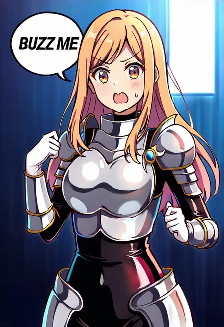 lux1, long hair, 1girl, solo, armor, breastplate, bodysuit, white gloves, boobplate, easynegative, speech bubble,english text, talking, "BUZZ ME" in the speech bubble, easynegative