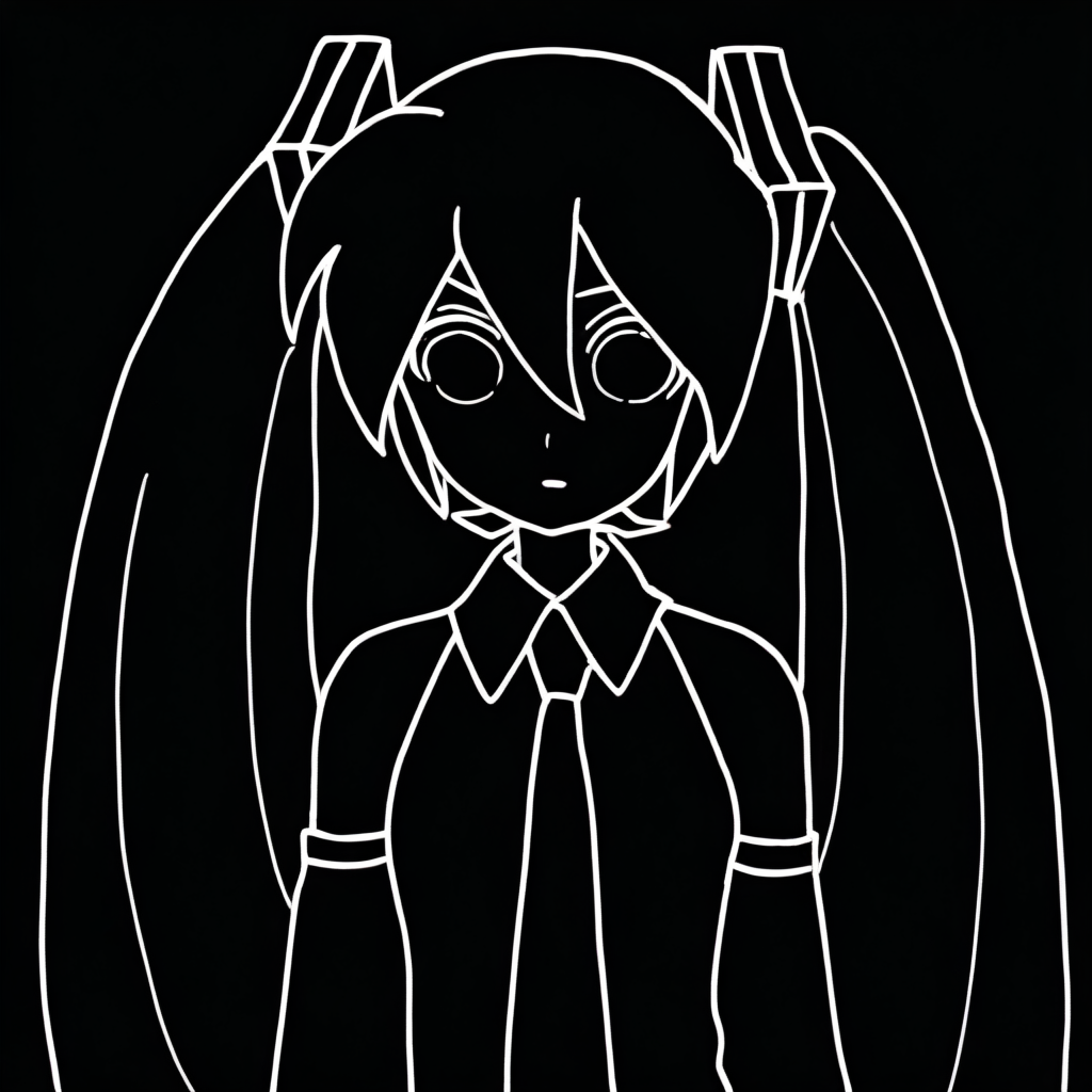 blwlinart, 1girl, monochrome, greyscale, black background, upper body, hatsune miku, twintails, long hair, necktie, detached sleeves, collared shirt, outline, blank eyes,<lora:black_white_potrait_lineart:1.4>