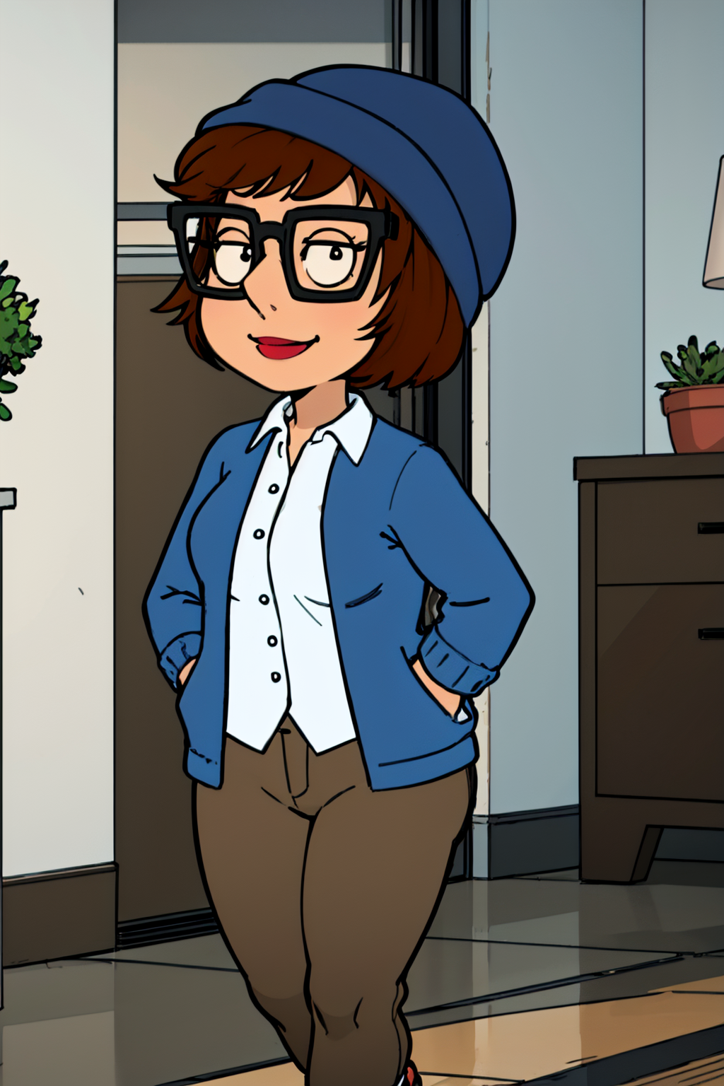 <lora:HipstirMeg-000008:0.6> meg, glasses, brown hair, 1girl, hat, short hair, solo, shirt, black-framed eyewear, pants, white shirt, blue headwear, indoors, brown pants, shoes,looking at viewer, smile,breasts,