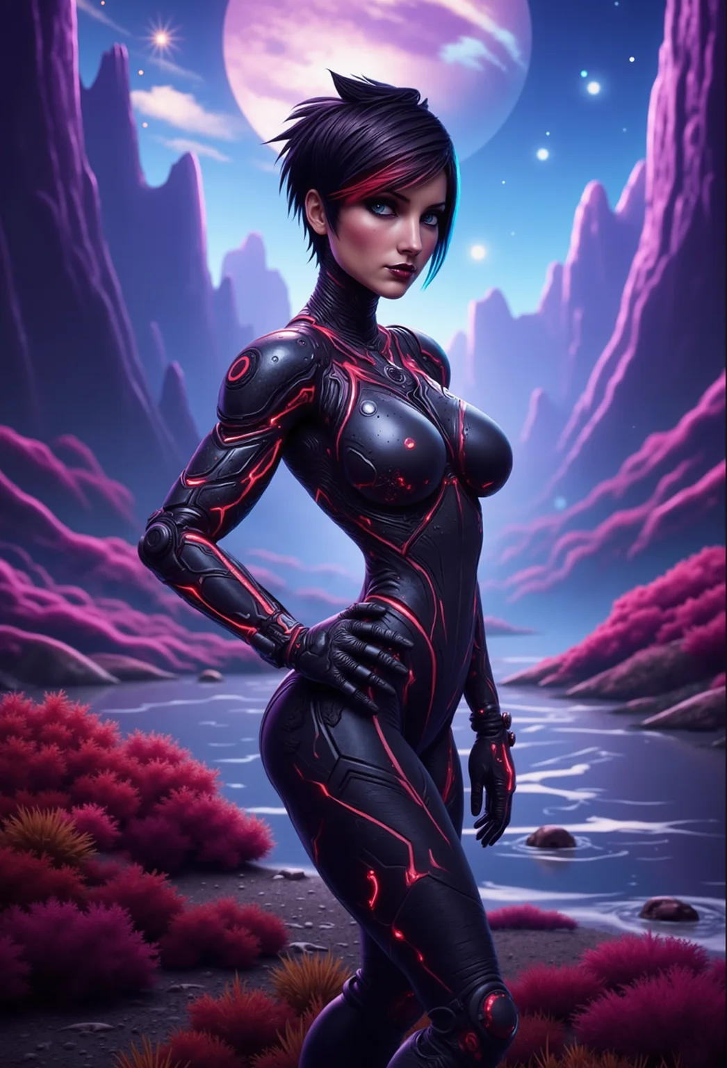 7-RetroFuturism, spaceknights, mad-cyberspace, bordershading . A highly detailed, professional photograph of a petite young woman with a bold, punk-inspired hairstyleâshort, spiked black hair with shaved sides and vibrant red and blue highlights. She wears revealing sleek, form-fitting metallic armor with glowing lines, intricate engravings, visible circuits, and mechanical joints. The matte texture reflects light softly, with subtle wear and tear giving the armor a rugged, used look. Her goth-inspired makeupâdark eyeliner, smoky eyeshadow, and black lipstickâcontrasts with her pale skin. Her eyes glimmer with intensity, reflecting light from distant celestial bodies, blending confidence and allure. She is fully immersed in an alien landscape with towering purple-hued rock formations. Magenta and orange alien shrubs brush against her legs, while loose stones scatter beneath her boots. A calm, shimmering river reflects the glowing planets and moons, casting soft ripples of light onto her armor. The sky, filled with massive planets and glowing moons, bathes the scene in ethereal light, while soft mist rises from the river and faint auroras ripple across the sky. medium full-body shot capturing her in a seductive standing position, hand on hip . Her facial expression shows fiery intensity. Her lipstick and smoky eyeshadow enhance her allure, with her eyes reflecting the glowing celestial bodies above. Dynamic lighting casts shifting shadows across her armor, while tiny glowing particles float through the air, casting soft, moving shadows on her body. The entire scene is immersive and photorealistic, with the alien plants, river, and rugged terrain interacting naturally with her, grounding her firmly in this exotic, alien world. , <lora:Neon_Cyberpunk_Cyberspace_FLUX.safetensors:0.5:0.5> <lora:Retro Futurism FLUX.safetensors:0.5:0.5> <lora:spaceknights-FLUX_000003750.safetensors:0.5:0.5> <lora:bordershading_flux_v1.safetensors:0.75:0.75>