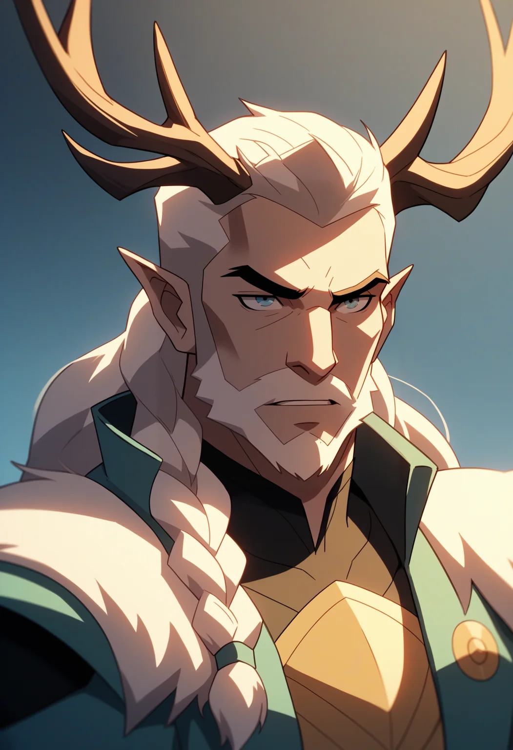 digital painting, all the other Pony quality tags, check the prompts! score_9, score_8_up, score_7_up, score_6_up, score_5_up, score_4_up,
<lora:VoxMachina:1> v0x,
1boy, male focus, beard, horns, solo, facial hair, pointy ears, antlers, white hair, long hair, braid, blue eyes, armor, upper body, mature male, twin braids