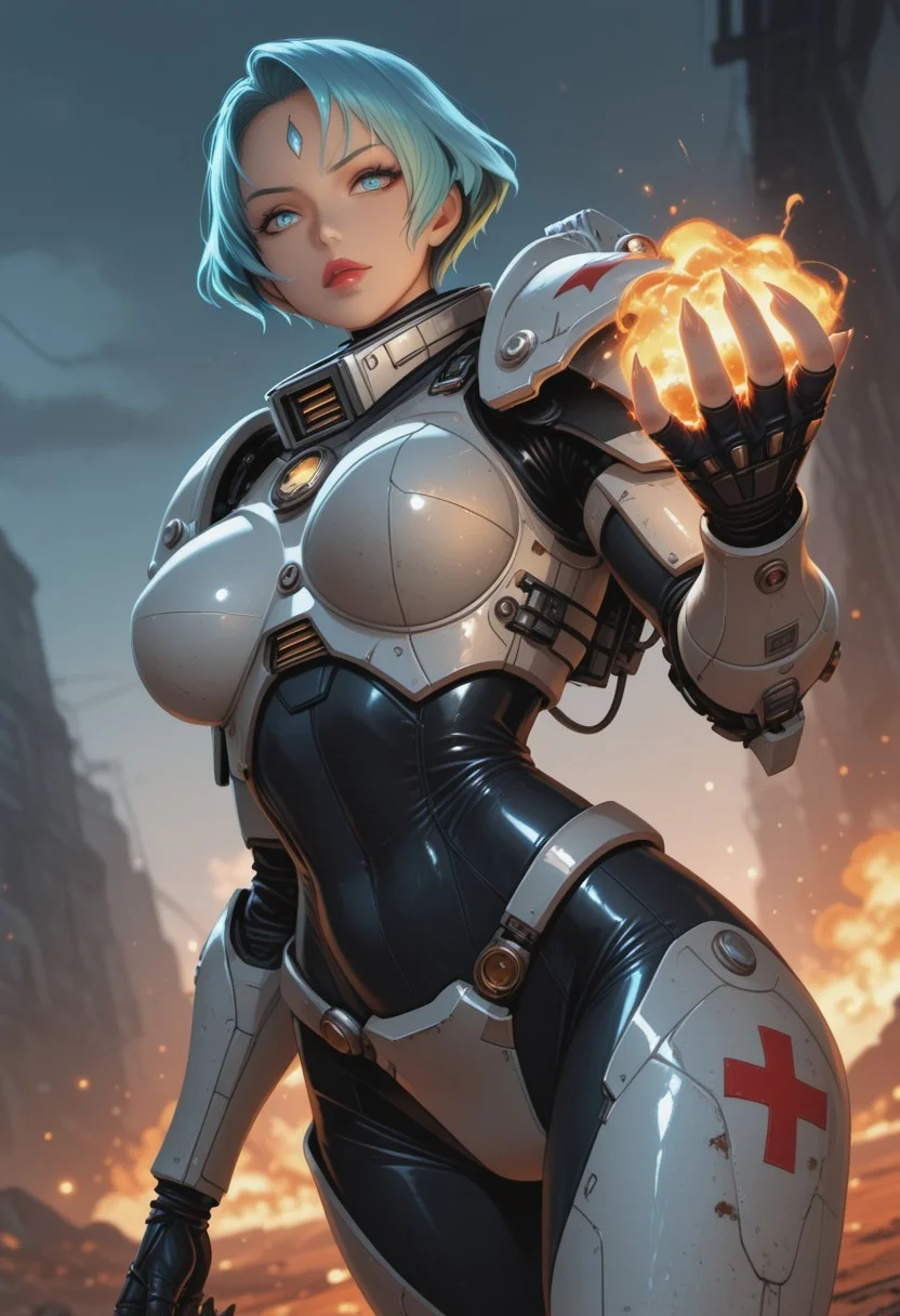 ultra realistic, masterpiece, high detailed skin, best quality, high res, very aesthetic, anime style, studio anime, source_ecchi, anime, (finely detailed face), (petite body:1.3), <lora:Majin_Kesselring_2_nai-000055:1>,Majin Kesselring, blue forehead jewel, sharp fingernails, eyelashes, large breasts, makeup, smokyeyes, mascara, puffy lips, glossy red lipstick, cinematic film still of a female combat-medic (space-marine:1.4), heavy white armor with red cross symbol and the words "medic", (motion-blur:1.4), running through a battlefield, explosions, tracer-shots, warhammer 40000, sci-fi, futuristic, dystopian future, technology, in the style of michael bay, in the style of zack snyder, in the style of christopher nolan, epic. orange & teal tones, shallow depth of field, vignette, highly detailed, high budget Hollywood movie, bokeh, cinemascope, moody, epic, gorgeous, film grain, grainy, foreshortening, lascivious pose, creating a peaceful and tranquil atmosphere, (blurry background, depth of field:1.1), dynamic dutch angle, bright colors, stunningly artwork, close-up cowboy shot from below,