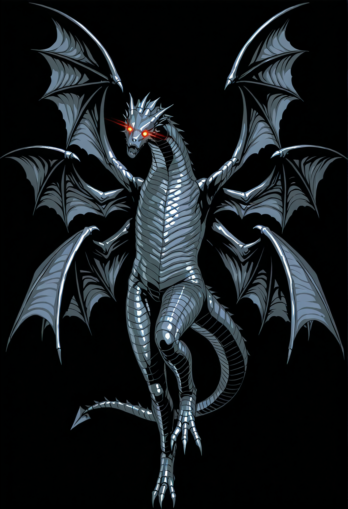 black background, simple background, no humans, monster, eyeball, angel wings, bat wings, multiple wings, dragon tail, glowing eyes  <lora:wizardryburiedbones:1>, 3d, shiny skin