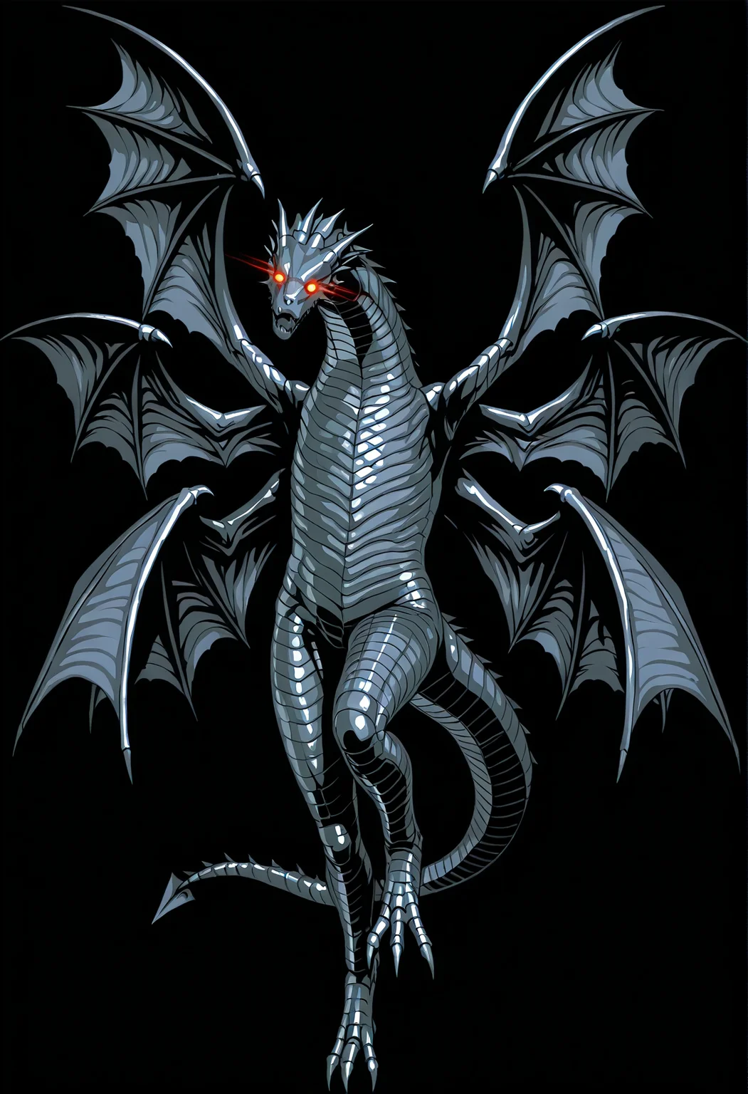 black background, simple background, no humans, monster, eyeball, angel wings, bat wings, multiple wings, dragon tail, glowing eyes <lora:wizardryburiedbones:1>, 3d, shiny skin