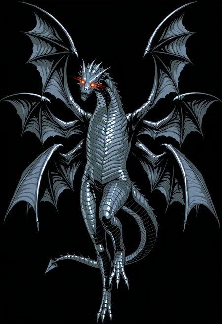 black background, simple background, no humans, monster, eyeball, angel wings, bat wings, multiple wings, dragon tail, glowing eyes <lora:wizardryburiedbones:1>, 3d, shiny skin