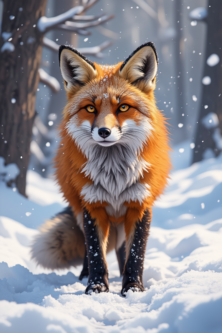“A stunning wildlife photograph of a red fox standing alert in a serene, snow-covered forest as gentle snowfall drifts through the air. Its vibrant orange fur contrasts beautifully against the white landscape, with delicate snowflakes resting on its whiskers and ears. The fox’s piercing amber eyes gaze directly into the camera, exuding curiosity and intelligence. Its ears are perked, and its tail rests gently behind it, as if sensing something in the distance. Soft morning light filters through the bare trees, casting long shadows on the powdery snow. The background is slightly blurred, enhancing the sharp details of the fox’s thick fur and delicate paw prints in the fresh snow. The falling snowflakes add a magical, peaceful atmosphere to this breathtaking winter wildlife scene.”