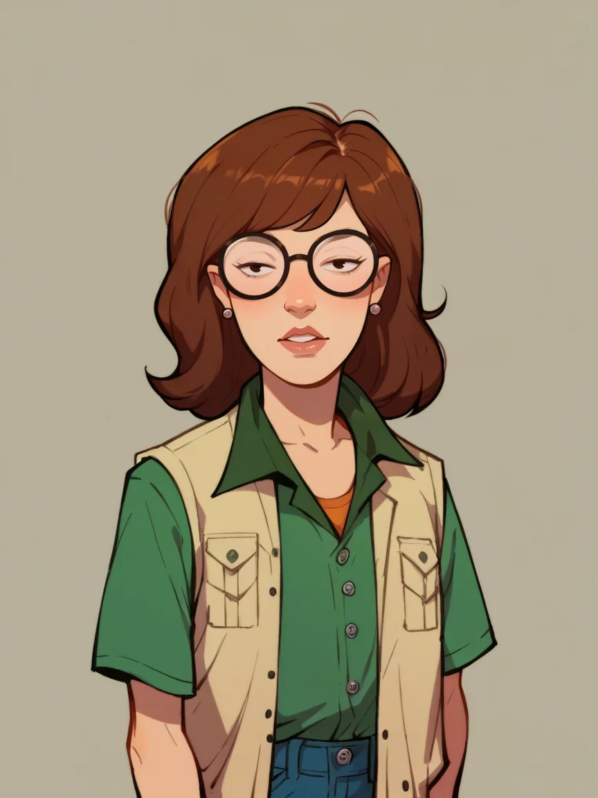 score_9, score_8_up, score_7_up, score_6_up, score_5_up, <lora:DariaXLP:1> daria, 1girl, brown hair, glasses,