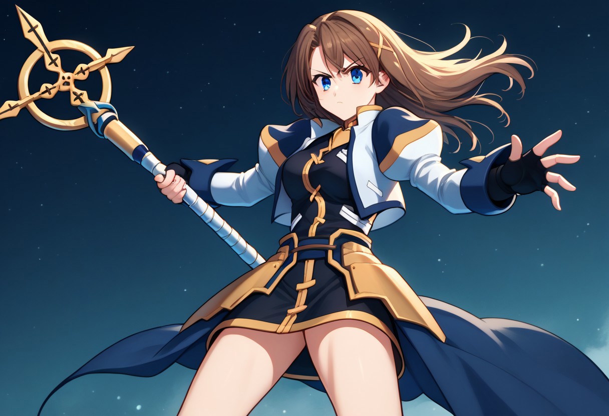 score_9, score_8_up, score_7_up, source_anime, good anatomy, 1girl, solo, HayateYagami, brown hair, long hair, x hair ornament, blue eyes, black dress with gold trim, short dress, fingerless gloves, no waist cape, no faulds, puffy sleeves, juliet sleeves, cropped jacket, open jacket, white and navy blue jacket, bare legs, fighting stance, night sky, cross staff, holding cross staff, holding
