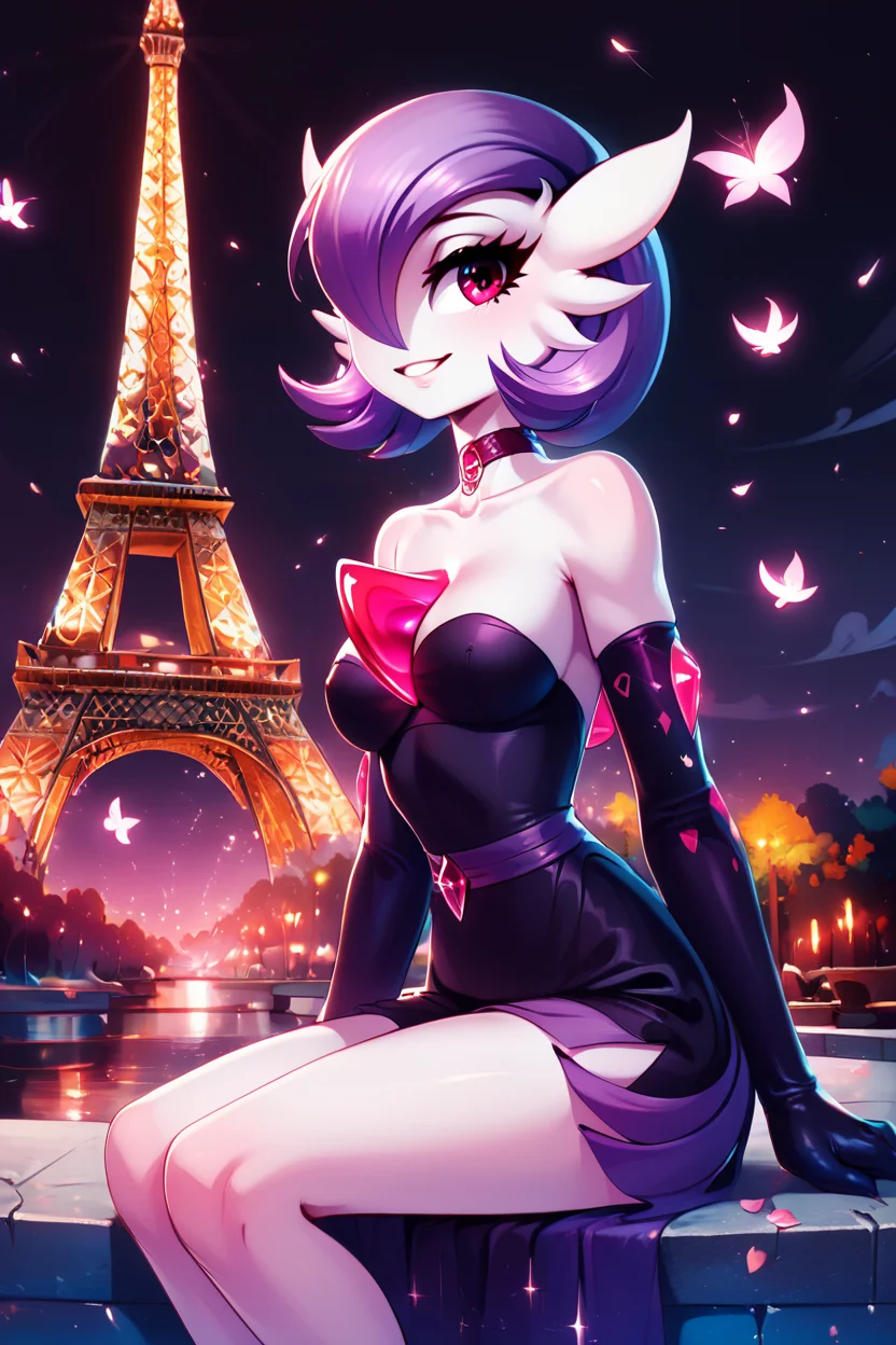 score_9, score_8_up, score_8, medium breasts, (curvy), cute, eyelashes, BREAK, , zzshinygardevoir, purple hair, dress, bare shoulders, medium breasts, standing, collarbone, black dress, gloves, elbow gloves, strapless dress <lora:Shiny_Mega_Gardevoir_PDXL:1.0>, , BREAK, zzEiffelTower in background, sitting, watercraft, boat, sitting on wall, side view, looking at viewer, smile, ,,, BREAK, blooming stars, luminescent petals, otherworldly fragrance blurry background, ,,, embedding:zPDXL, Expressiveh, ,,, <lora:EiffelTowerPDXL:0.8>, <lora:CatalystStylePDXL:0.6>, <lora:SDXLFaeTastic2400:0.5>, <lora:Expressive_H-000001:0.4>,