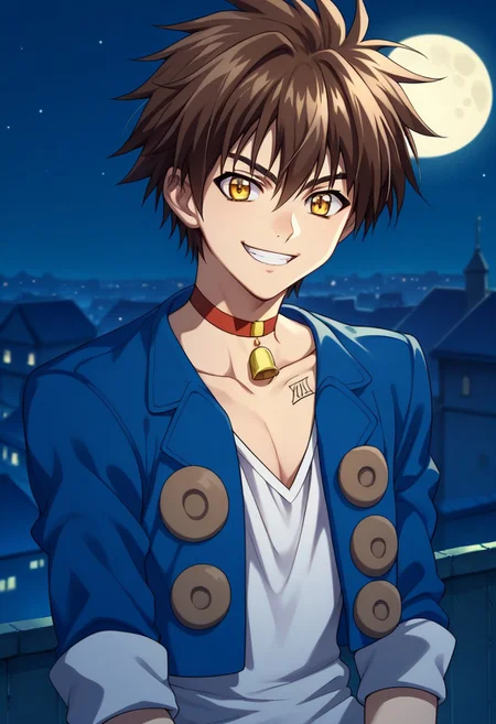 score_9, score_8_up, score_7_up, source_anime, highly detailed,
TraiHea, 1boy, solo, brown hair, male focus, smile, yellow eyes, choker, grin, bell, neck bell, jacket, blue jacket, rolled up sleeves, white shirt, upper body,
outdoor, night, moon, roof,