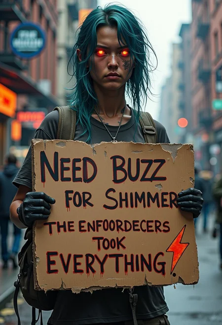 A closeup of jinx from arcane holding an old cardboard sign jinx is wearing an old tattered t-shirt. Jinx is standing on a street corner in a cyberpunk distopian new york. Jinx is sad and smoldering. The sign is dark brown, damp, torn at the edges, and made of old cardboard. There is a scribbled marker drawing of a transparent orange lightning bolt on the sign. The sign states "Need BUZZ for Shimmer the enforcers took everything!" written in black faded marker. The capitalized words are black outlined with red faded marker. The words on the sign are transparent and handwritten and scribbley