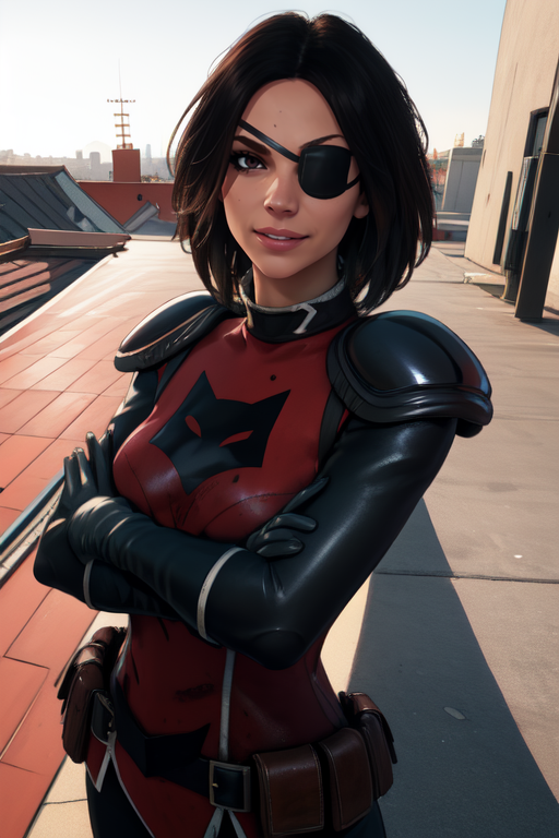 Sarah, eyepatch, brown eye, short black hair,   crossed arms, 
shoulder armor,black gloves , red bodysuit, black pants, utility belt,  chest logo, 
solo,  upper body,  smile, 
rooftop, outside, morning, 
(insanely detailed, beautiful detailed face, masterpiece, best quality),   <lora:sarahshepard:0.8>