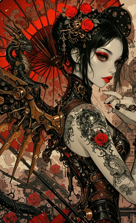 1girl, solo, black hair, hair ornament, flower, wings, tattoo, makeup, rose, umbrella, ring, lipstick, eyeshadow, dragon, red lips, oil-paper umbrella, mechanical wings, steampunk