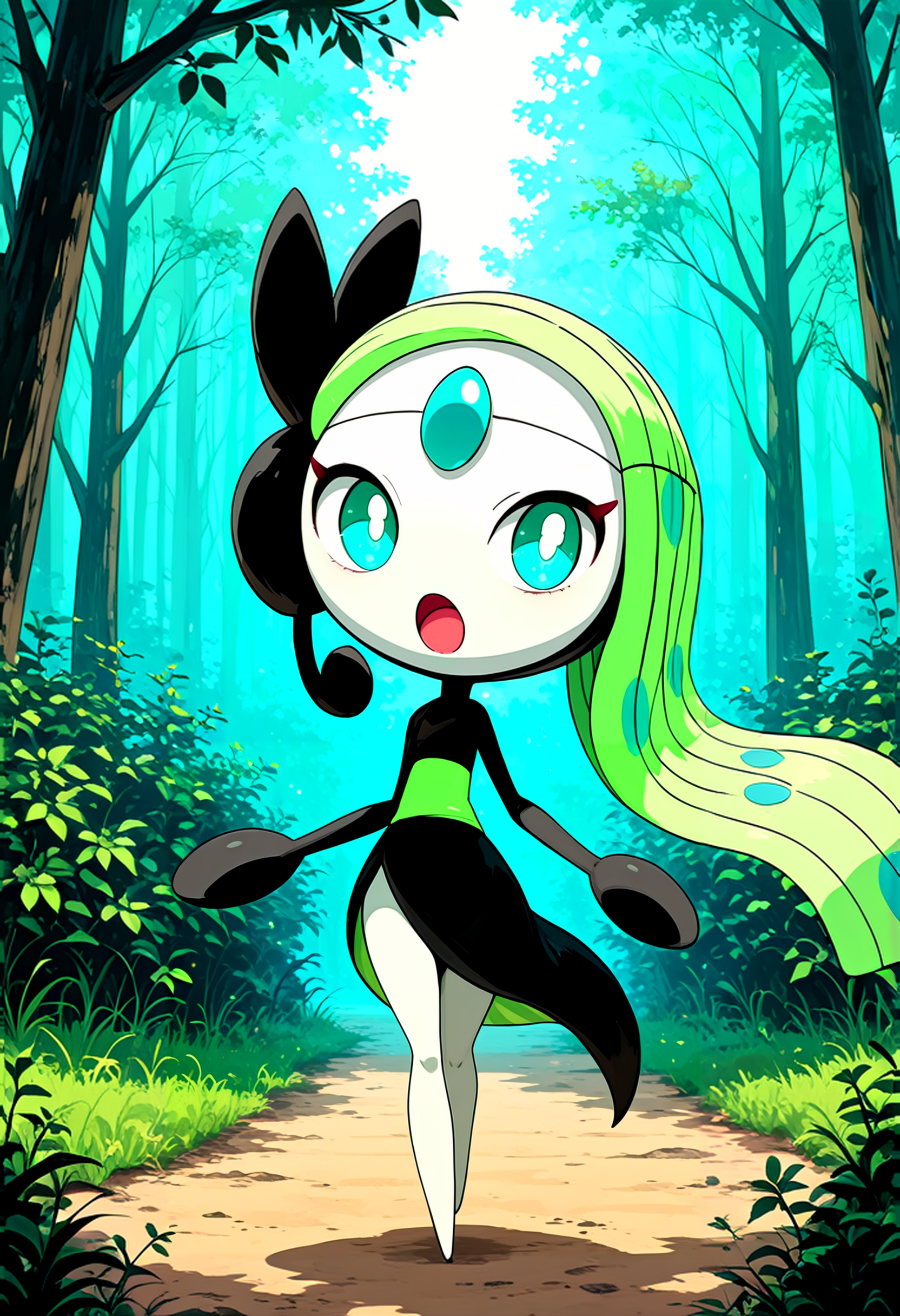 masterpiece, best quality, absurdres, highres, very awa,detailed_background,outdoors,pokemon \(creature\),bright pupils,absurdres,open mouth,blue eyes,pokemon,meloetta,solo,highres,pokemon bw2,white pupils,pokemon focus,artist request,meloetta \(aria\),third-party source,official art,full body,:o