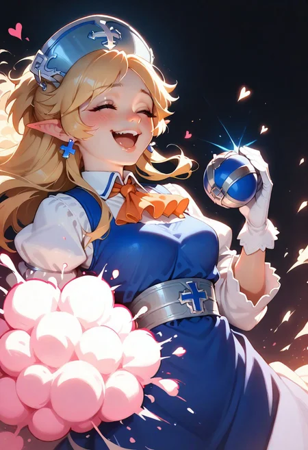 1girl, solo, yukaridef, hat, cross earrings, blue dress, orange ascot, white shirt, white gloves, holding grenade, laughing, leaning back, closed eyes, dark background, pink explosion, heart background, feet out of frame, three quater view, backlightling, masterpiece, best quality, very aesthetic, absurdres