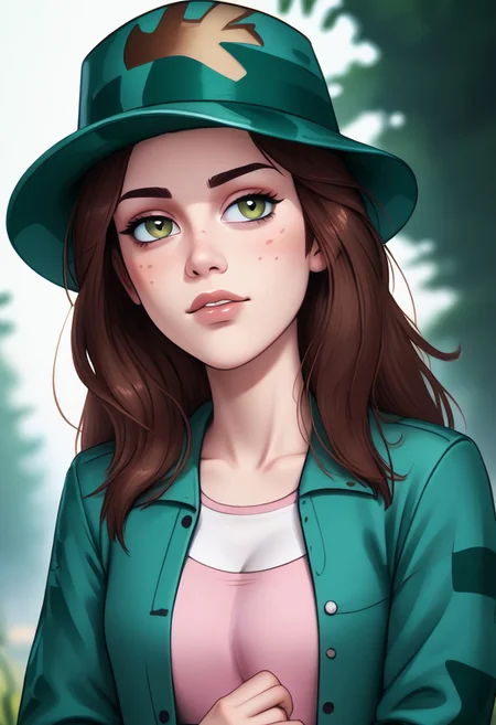 score_9, score_8_up, score_7_up, score_6_up, PRSNL_3_1, uncensored, pupils black dots, lips,
upper body, best quality, masterpiece, 4k, realistic, warm light,
LeafPony, leaf (pokemon), long hair, brown hair, brown eyes,
green headwear, camouflage headwear, long sleeves, jacket, green jacket, open clothes, sleeves past wrists, pink dress, bike shorts, shoes, black footwear,