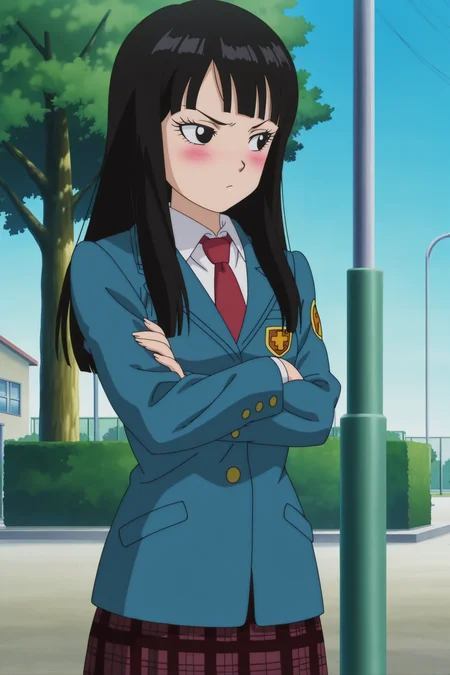 anime screencap, absurdres, high quality, official style,
teen mai, official style, 1girl, solo, black hair, long hair, bangs, eyelashes, black eyes, closed mouth, school uniform, blazer, blue jacket, print jacket, red necktie, collared shirt, white shirt, long sleeves, plaid skirt, crossed arms, blush, tsundere, cowboy shot, park, outdoors, tree, blue sky, day, standing, looking away,
<lora:Mai_IL:0.8>