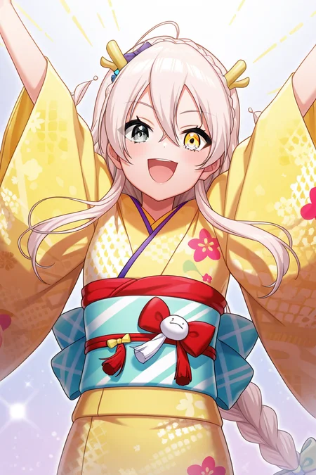 masterpiece, best quality, amazing quality,
<lora:Lumina_IL:1> lumina, 1girl, japanese clothes, kimono, sash, obi, solo, long hair, single braid, dragon horns, heterochromia, smile, yellow eyes, looking at viewer, bangs, arms up, bow, hair bow, virtual youtuber, hair between eyes, open mouth, very long hair, wide sleeves, floral print, grey eyes