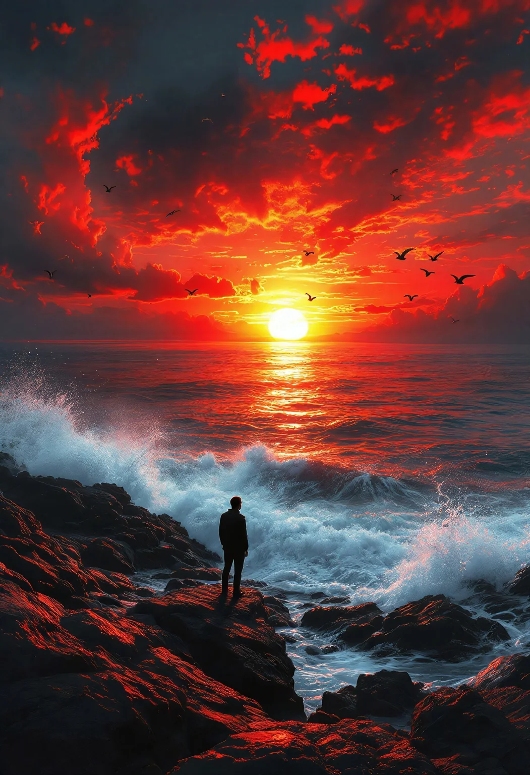 This scene dramatically depicts a rocky shore line at sunset, with crashing waves and a sky ablaze with color. The sun hovers just above the water, its rays refracting through the mist to create a kaleidoscope of reds and oranges. Seabirds soar overhead, their wings catching the light as they glide across the crimson sky. In the foreground, a lone human figure, gazing at the enchanting horizon, their silhouette framed by the fiery sunset.