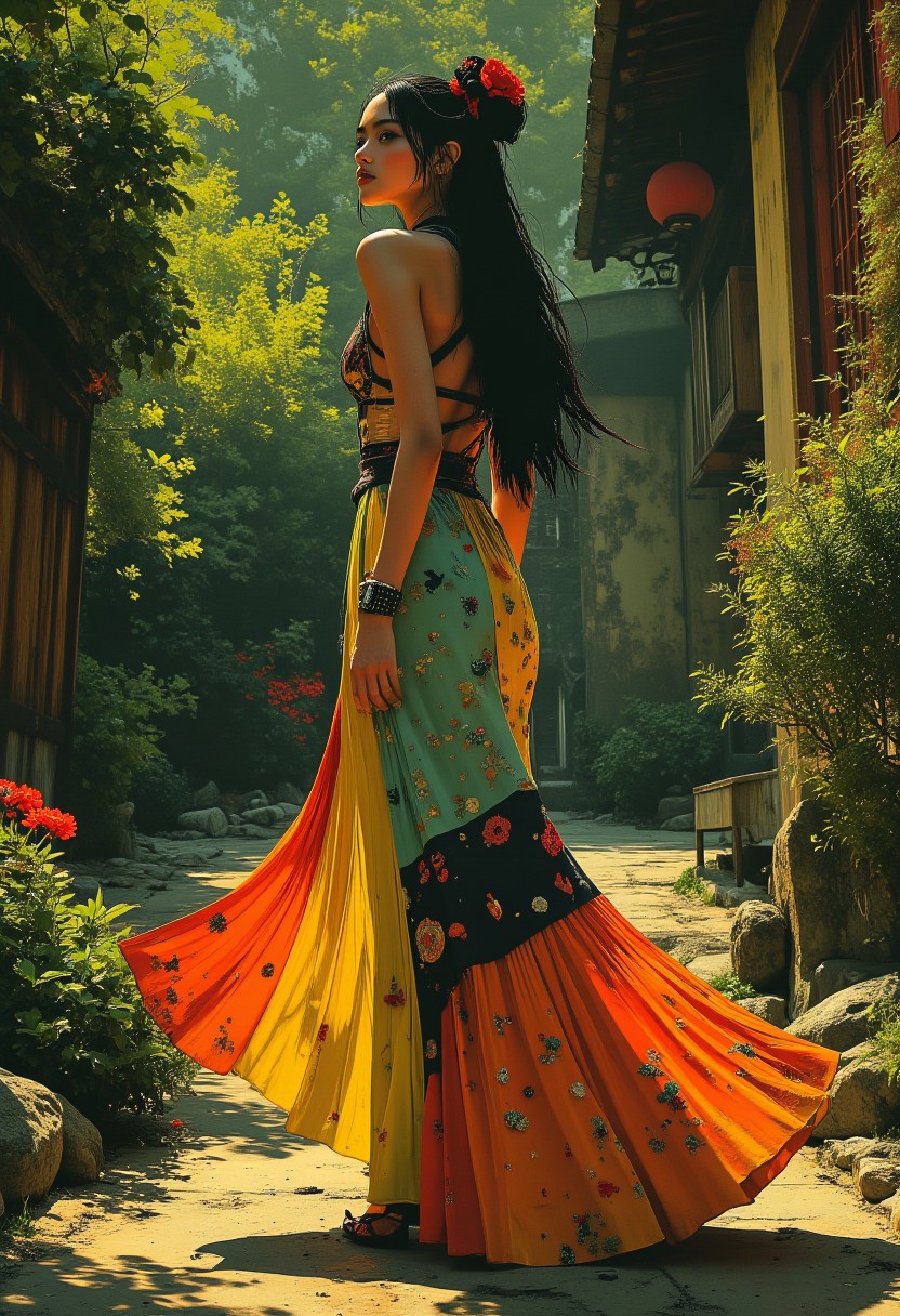 midjourney_whisper_avant_couture, breathtaking detailed, masterpiece, awe-inspiring, radiant, magnificent, portrait of stunning oriental woman, long dark hair, long multicoloured dress, walking in formal japanese garden, viewed from side, glancing at viewer