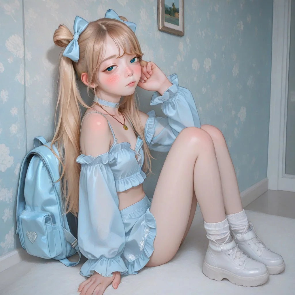 high detailed, high quality, masterpiece, best quality, very awa, absurdres, detailed eyes, detailed face, detailed skin, anime, cinematic light, colorful, portrait BREAK, 1girl, KPB-Illu, solo, cute, pretty, petite, blue eyes, blonde hair, hair over eye, choker, freckles, half closed eyes, blush, looking at viewer, bare shoulders, collarbone, frilled sleeves, necklace, lingerie, hair bow, long legs, from side, cute clothes, twintails, blonde hair, frills, backpack, looking at viewer, (marcille_donato:0.7), possmach, artist:henreader, artist:ciloranko, (artist:sho \\(sho lwlw\\):0.75), (tianliang duohe fangdongye:0.7),full body view