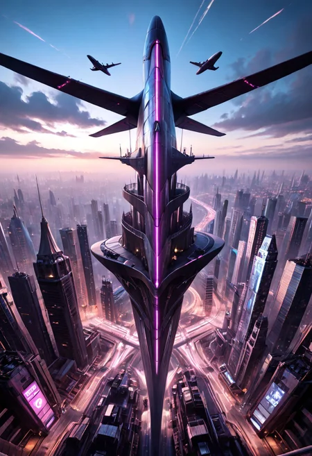 score_9, score_8_up, score_7_up, HD32K, 8K, absurdres, detailed photorealistic image of a futuristic fighter spaceship, aircraft, flying above a futuristic cityscape, sci-fi, nightime, neon lights, skyscrapers, towers