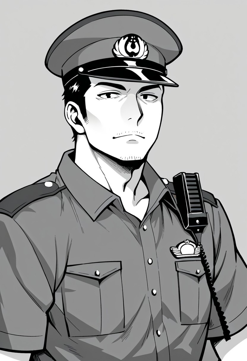 score_9, score_8_up, score_7_up, score_6_up, solo male, adult, mature, masculine, manly, handsome, charming, alluring, standing, upper body, dutch angle, cowboy shot, asian man, black eyes, black hair, short hair, facial hair, stubble，, HannekenJpPcSm, male Japanese Summer Police Uniform, (light-blue collared shirt, rank slides), short sleeves, peaked cap, portrait, headshot, close-up, perfect anatomy, perfect proportions, best quality, masterpiece, high_resolution, high quality, best quality, best aesthetic, absurdres, male focus