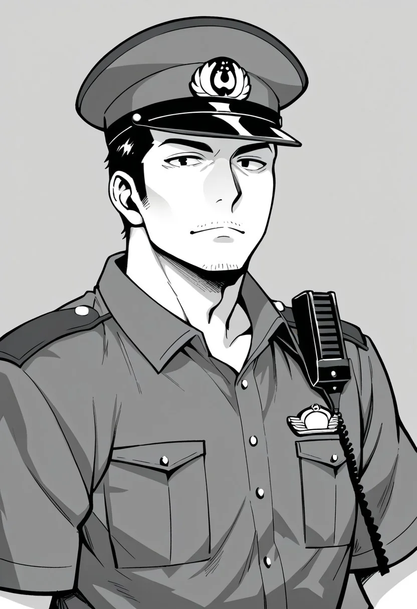 score_9, score_8_up, score_7_up, score_6_up, solo male, adult, mature, masculine, manly, handsome, charming, alluring, standing, upper body, dutch angle, cowboy shot, asian man, black eyes, black hair, short hair, facial hair, stubble,, HannekenJpPcSm, male Japanese Summer Police Uniform, (light-blue collared shirt, rank slides), short sleeves, peaked cap, portrait, headshot, close-up, perfect anatomy, perfect proportions, best quality, masterpiece, high_resolution, high quality, best quality, best aesthetic, absurdres, male focus