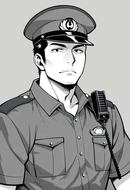 score_9, score_8_up, score_7_up, score_6_up, solo male, adult, mature, masculine, manly, handsome, charming, alluring, standing, upper body, dutch angle, cowboy shot, asian man, black eyes, black hair, short hair, facial hair, stubble,, HannekenJpPcSm, male Japanese Summer Police Uniform, (light-blue collared shirt, rank slides), short sleeves, peaked cap, portrait, headshot, close-up, perfect anatomy, perfect proportions, best quality, masterpiece, high_resolution, high quality, best quality, best aesthetic, absurdres, male focus