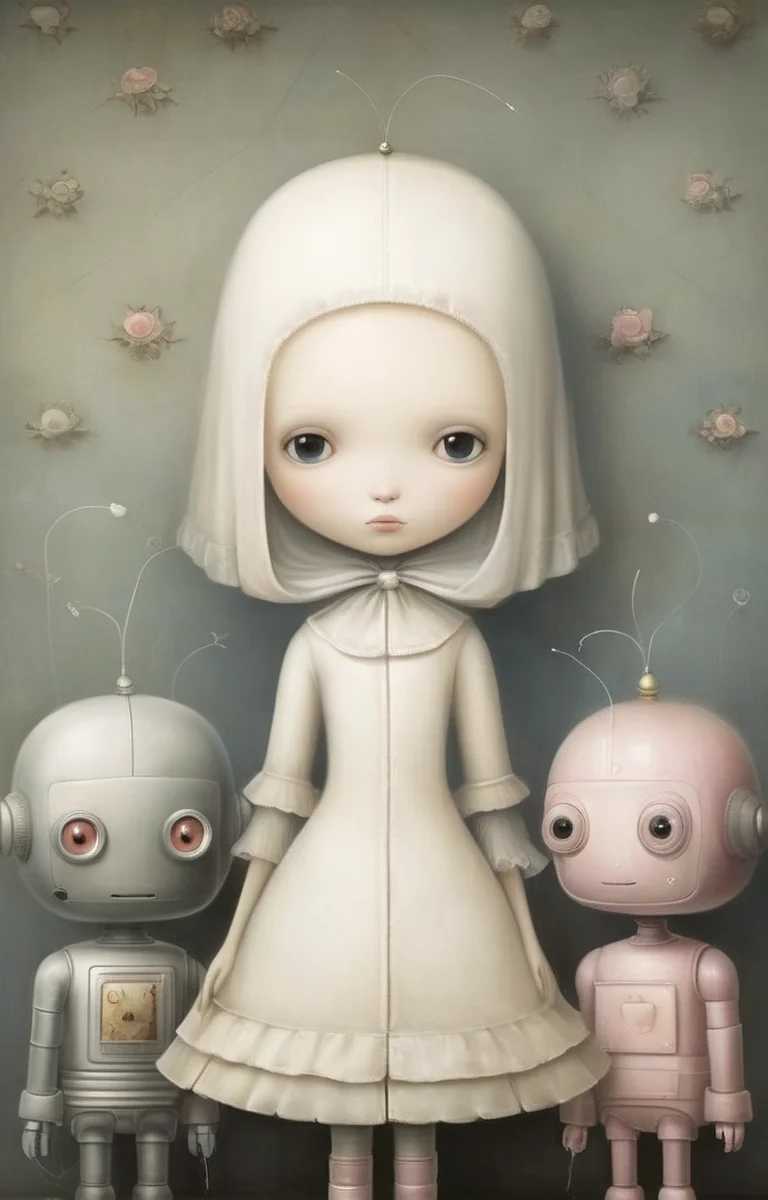 masterpiece,best quality,<lora:tbh340-sdxl:0.75>,illustration,style of Nicoletta Ceccoli, portrait of Housework robots