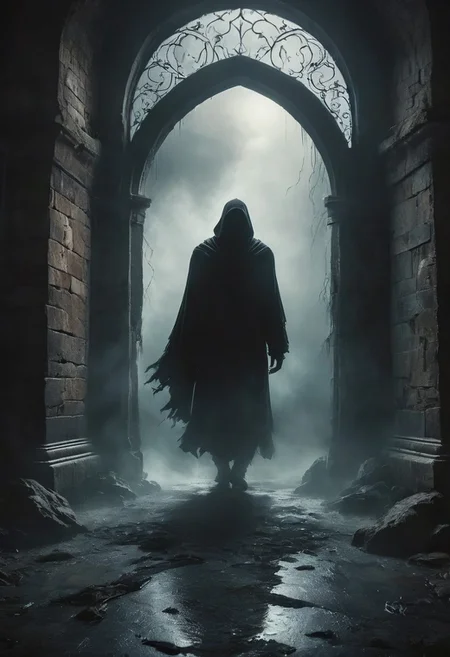 highly detailed and hyper realistic photo, by Alena Aenami , by Archibald Thorburn , by Daniele Afferni , a dementor, levitating ominously. BREAK inside a dimly lit bell tower. vibrant, photo realism, Masterpiece, (8k), (32k), UHD, highest-quality, intricate details, highly detailed, best artist, immaculate micro-details, sharp edges, detailed textures, full body shot, full body cinematic, atmospheric lighting, visually stunning, perfect composition, trending on artstation, in the style of  monochromatic silhouette reflection,  limited dark palette, unusual dark colors, faded colors, atmospheric haze, highly dramatic cinematic lighting, motion blur, film grain,  professional, excellent composition, finest details, maximized details, ultimate detail level, masterpiece, best quality