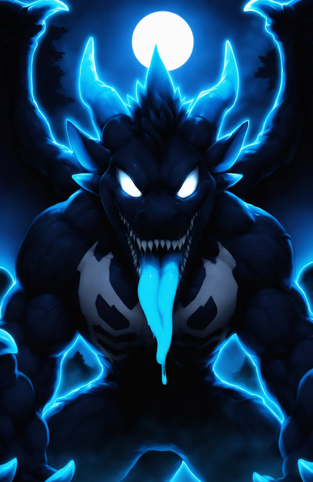 close-up, 
fog, moonlight, 
solo, anthro, dragon, male, scales, adzy, muscular, big muscles, slim male, wings, membranous wings, goo body, slime boy, veiny muscles, tapering tongue, sharp teeth, blue claws,  
two tone body, no pupils, blue tongue, blue horn, 
standing, looking at viewer, open mouth, vore, outstretched hand, (straight arms:1.1), on road, 
BREAK hi res, absurd res, highres, absurdres, comic, cover page, (venom:1.2), (symbiote:1.4),
[e-zoid, yitexity, booboo34, tooboshoo::0.2], outline, 
BREAK [<lora:Adzy-NoobAI-V2:0.8>::0.3]