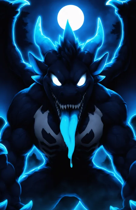 close-up, 
fog, moonlight, 
solo, anthro, dragon, male, scales, adzy, muscular, big muscles, slim male, wings, membranous wings, goo body, slime boy, veiny muscles, tapering tongue, sharp teeth, blue claws,  
two tone body, no pupils, blue tongue, blue horn, 
standing, looking at viewer, open mouth, vore, outstretched hand, (straight arms:1.1), on road, 
BREAK hi res, absurd res, highres, absurdres, comic, cover page, (venom:1.2), (symbiote:1.4),
[e-zoid, yitexity, booboo34, tooboshoo::0.2], outline, 
BREAK [<lora:Adzy-NoobAI-V2:0.8>::0.3]