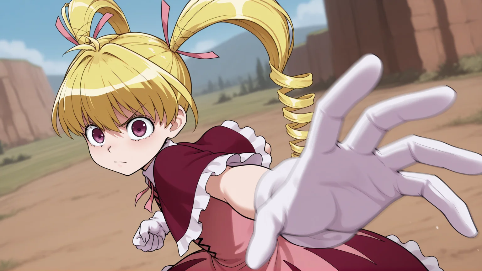 masterpiece, best quality, amazing quality, 1girl, solo,<lora:IlluBiscuit:1> illubiscuit, blonde hair, purple eyes, twintails, drill hair, white gloves, hair ribbon, capelet, dress,  <lora:PepePunchMeme_illusXLNoobAI_Incrs_v1:1> incrspunchmeme, motion blur, outdoors, serious, annoyed,