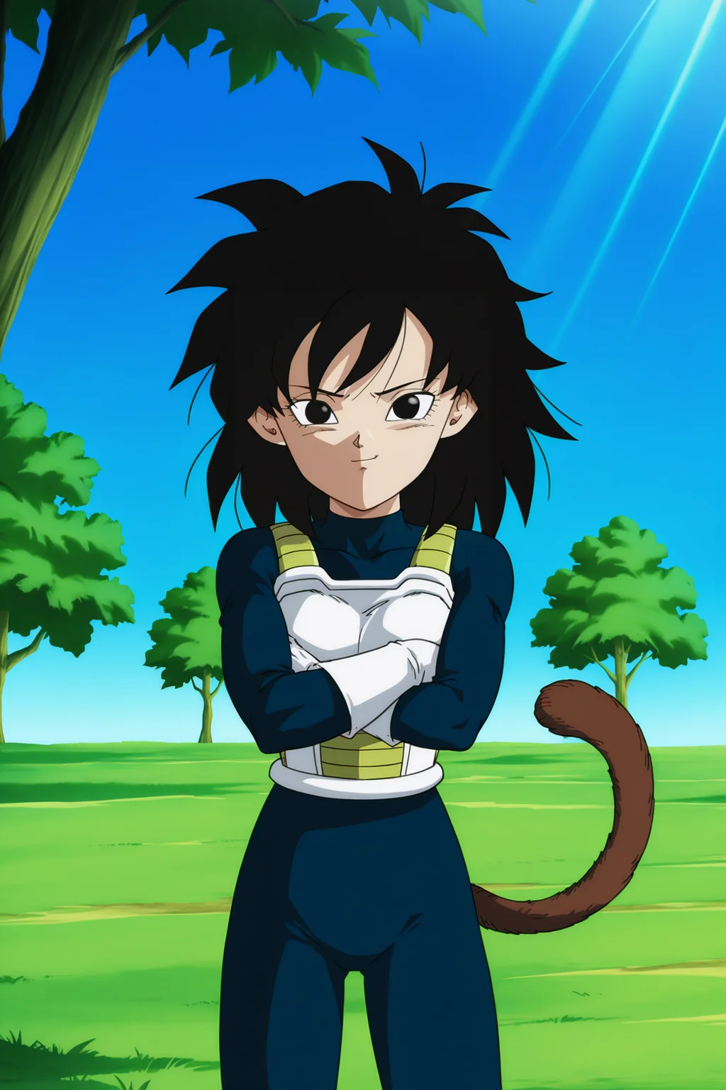 anime screencap, absurdres, high quality, official style,
gine, official style, vegeta outfit, 1girl, solo, looking at viewer, grass, field, closed mouth, standing, long sleeves, full body, black hair, spiked hair, black eyes, monkey tail, blue bodysuit, saiyan armor, white saiyan armor, cowboy shot, dappled sunlight, smirk, legs apart, crossed arms, serious, frown, shadow, eyelashes, white trim, tree, white gloves, light rays, blue sky,
<lora:Gine_IL:0.8>