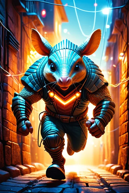 Detailed digital illustration of an anthro Armadillo (Running towards the camera energetically) at a Glowing data cables in labyrinthine alleys, <lora:xl_more_art-full_v1:0.5>,  <lora:anthro_muscular:0.7>,  <lora:MJ52:0.6>, <lora:madpunk:0.4> madpunk