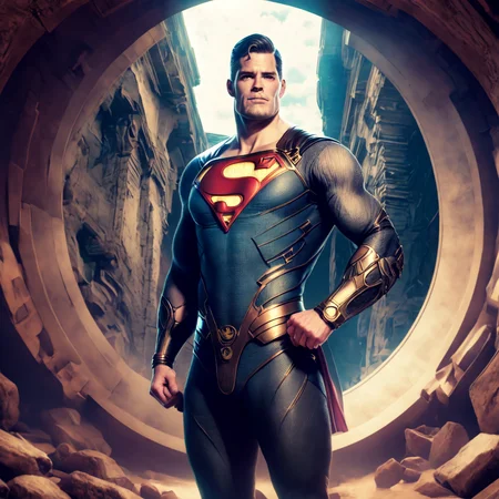 photo, superman (thnos:1) standing in front of, a tunnel (BaroqueWarrior style:1) (ToweringPortal style:0.6) <lora:djzToweringPortalV21:0.6> <lora:thanos1521768Lora_sd21768:1>